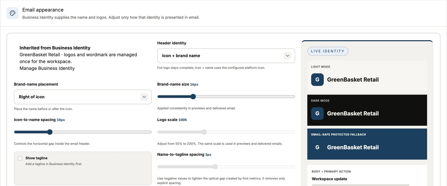Email appearance editor with inherited business identity, sizing controls and light and dark previews.