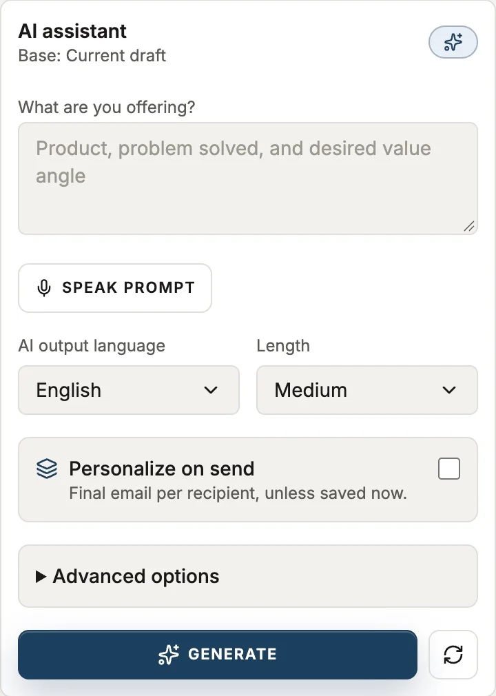 Reach AI assistant with offering context, output language, length and personalization controls