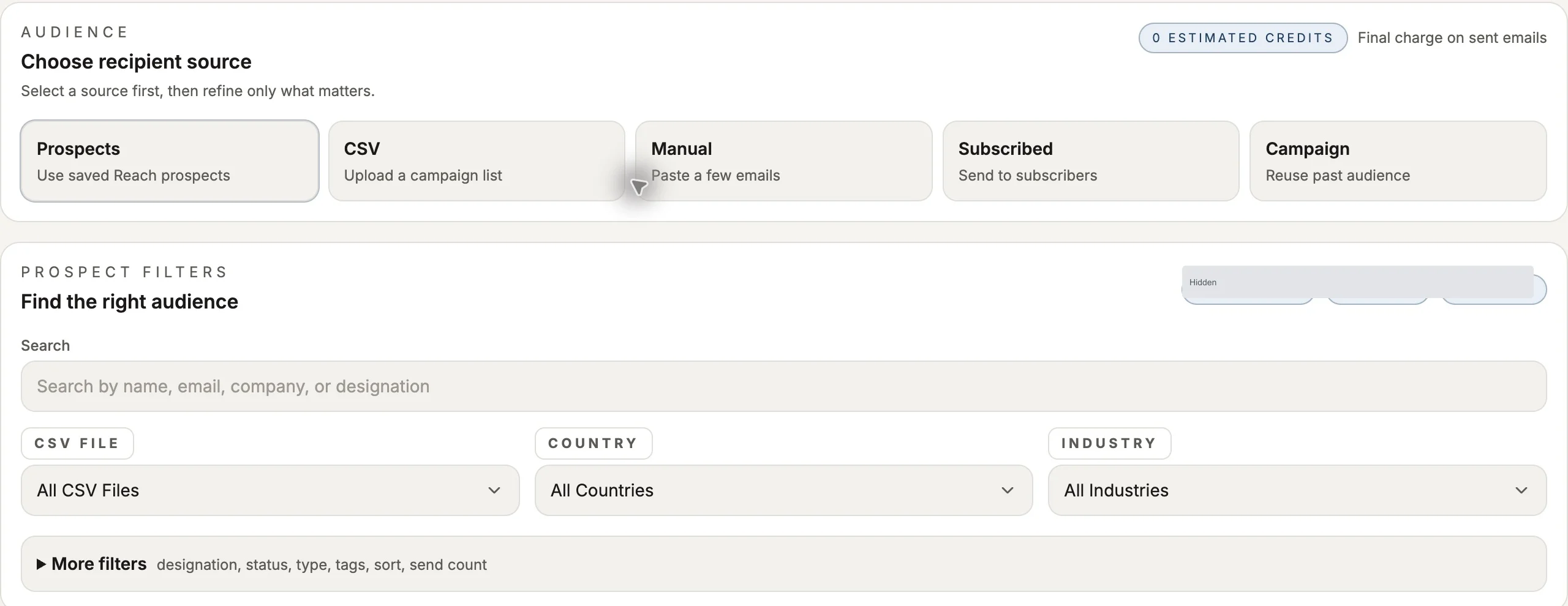 Reach campaign Audience step with prospects, CSV, manual, subscribed and prior campaign sources