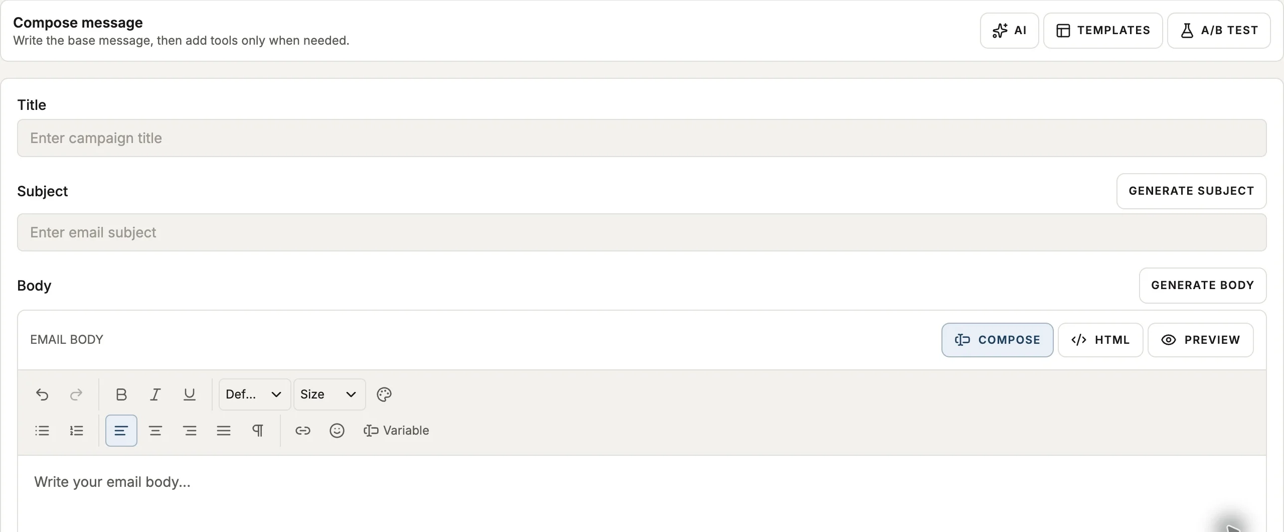 Reach Message step with title, subject, rich text editor, templates, AI and A/B controls
