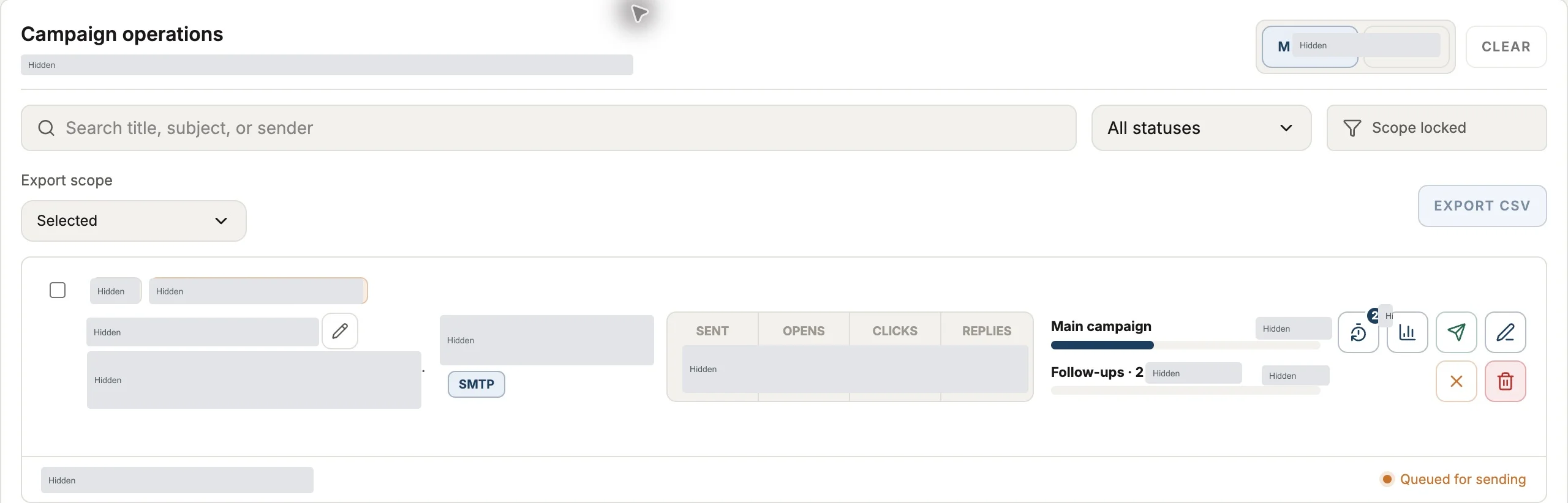 Reach campaign directory with ownership scope, status filter, export scope and per-campaign actions