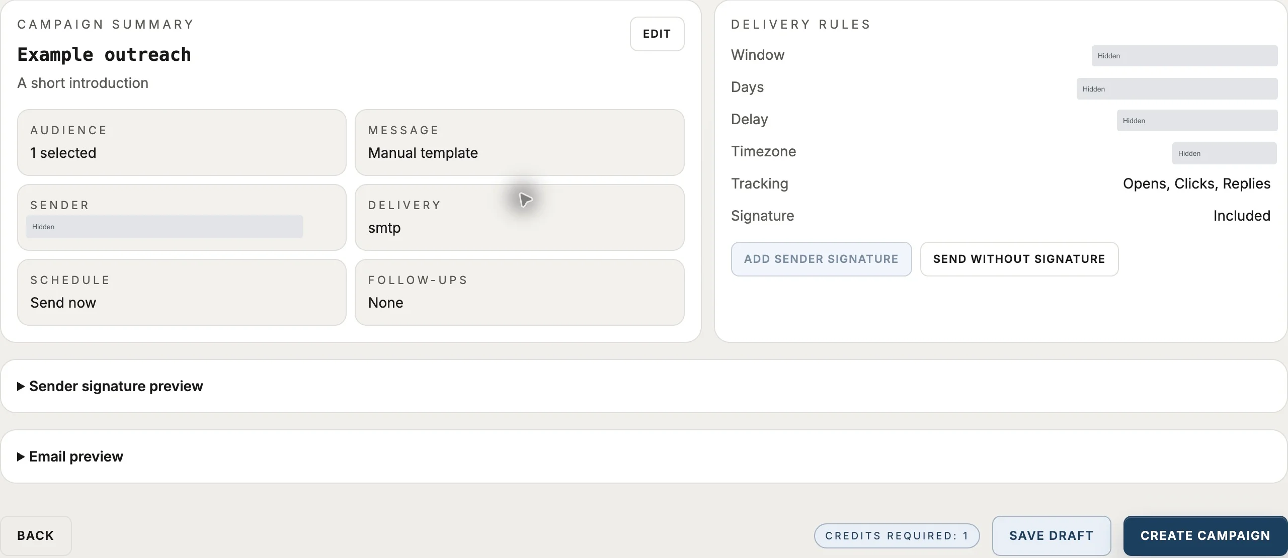 Reach final review with campaign summary, delivery rules, previews and save draft or create actions