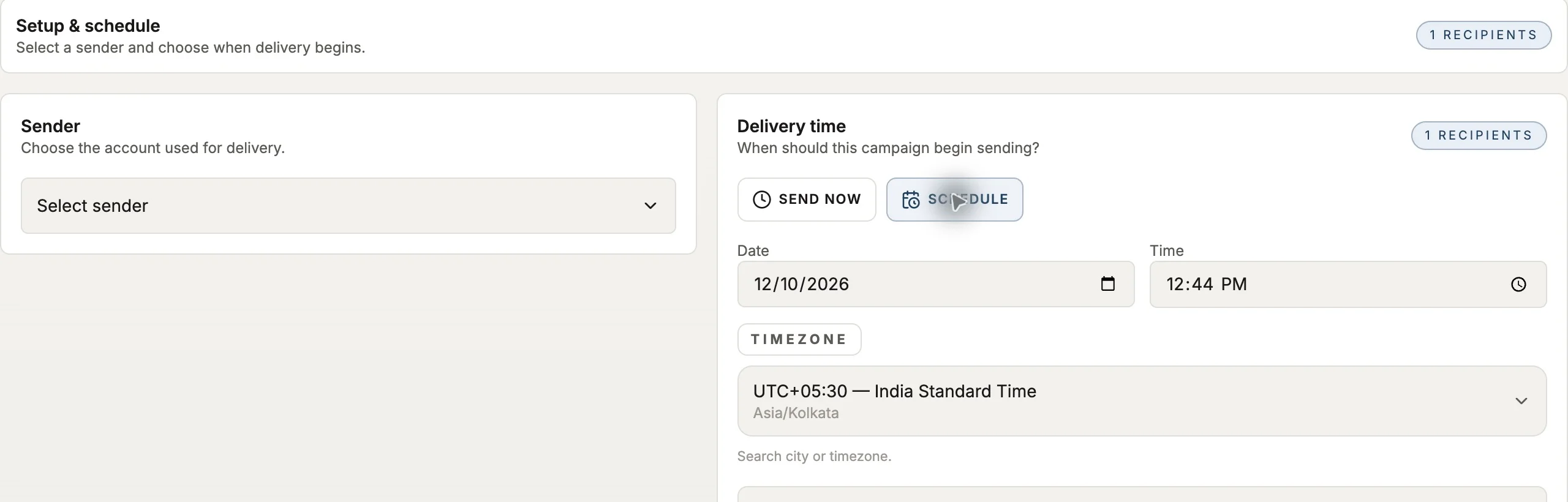 Reach campaign sender and schedule panel with date, time and timezone selection