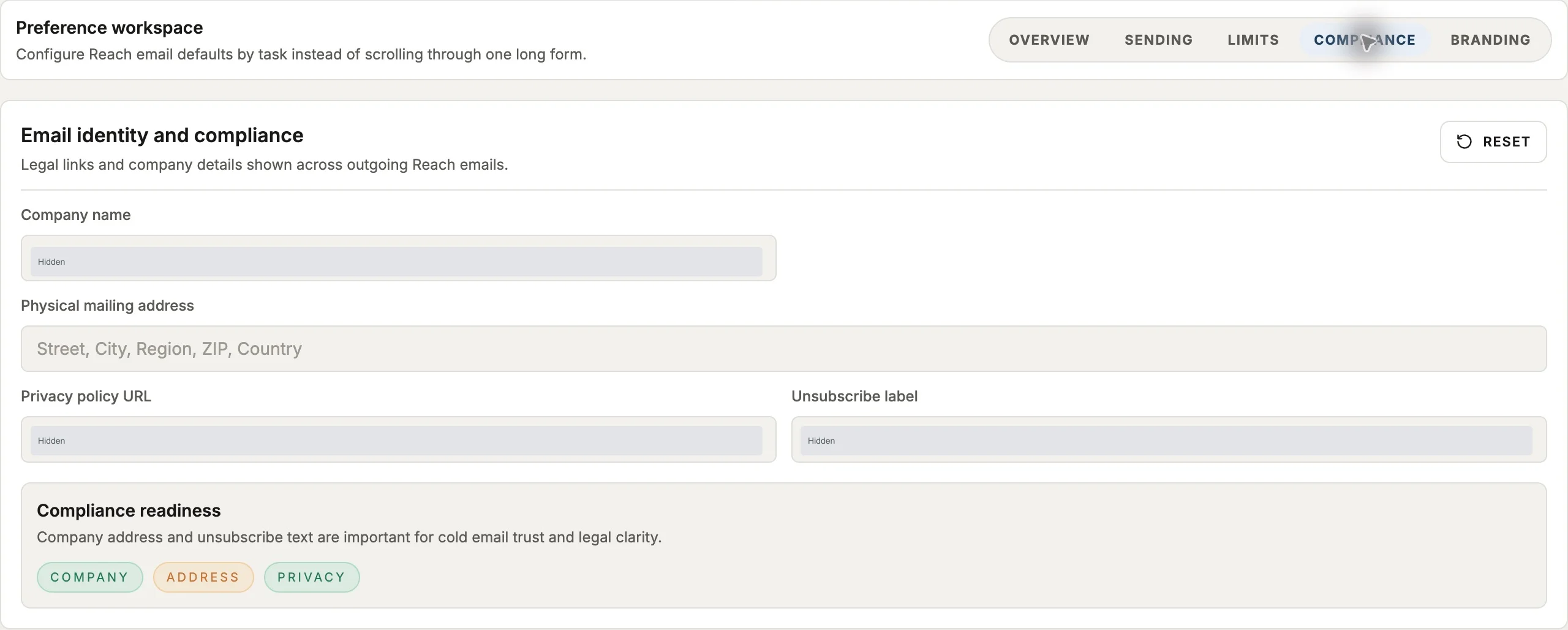 Reach Compliance tab with company, address, privacy and unsubscribe fields
