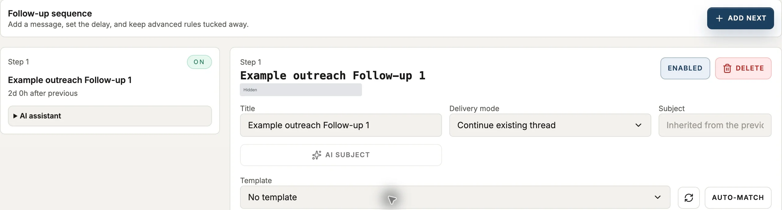 Reach follow-up editor with enabled state, thread delivery mode and template selection
