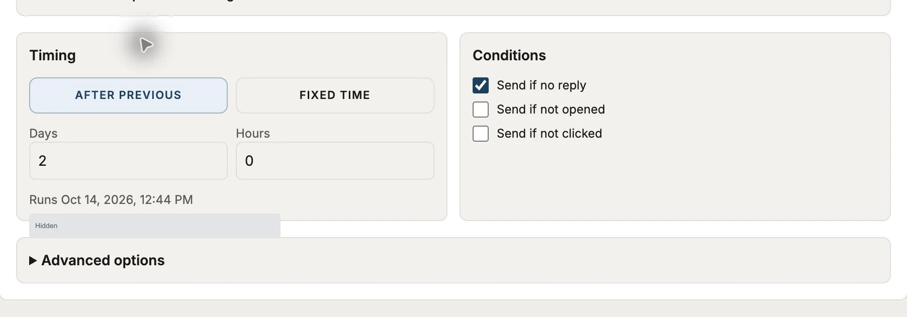 Reach follow-up timing controls with after previous, fixed time and response condition checkboxes