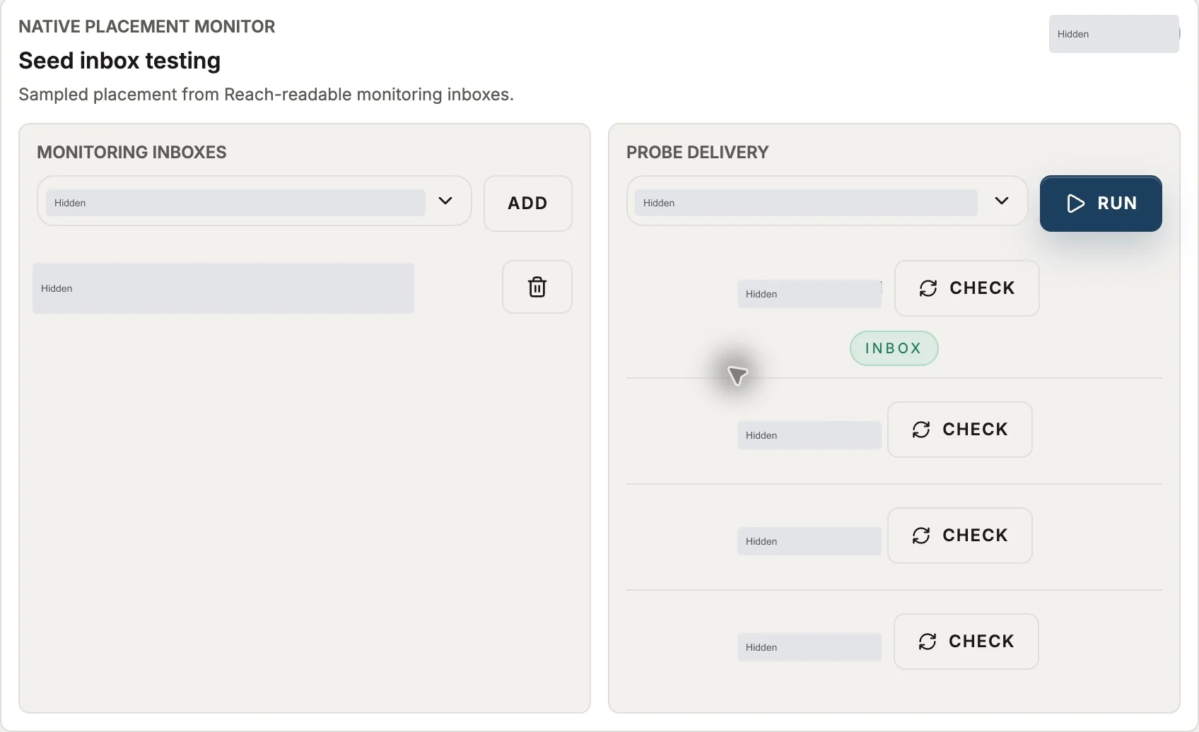 Reach seed inbox testing with monitoring account selection and intentional probe delivery controls