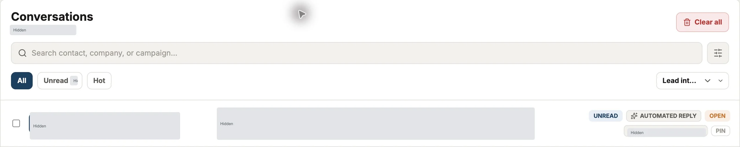 Reach Inbox conversation list with search, unread, hot and lead intent filters
