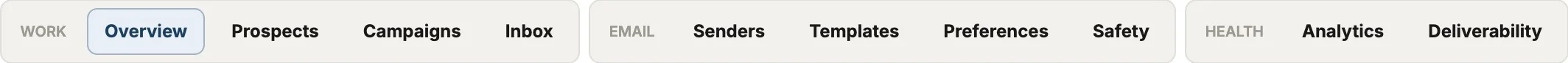 Reach navigation grouped into Work, Email and Health sections