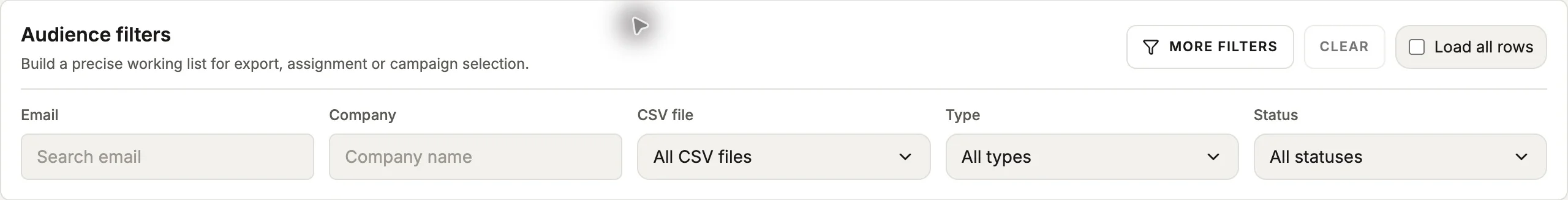 Reach prospect directory filters for email, company, CSV source, type and status