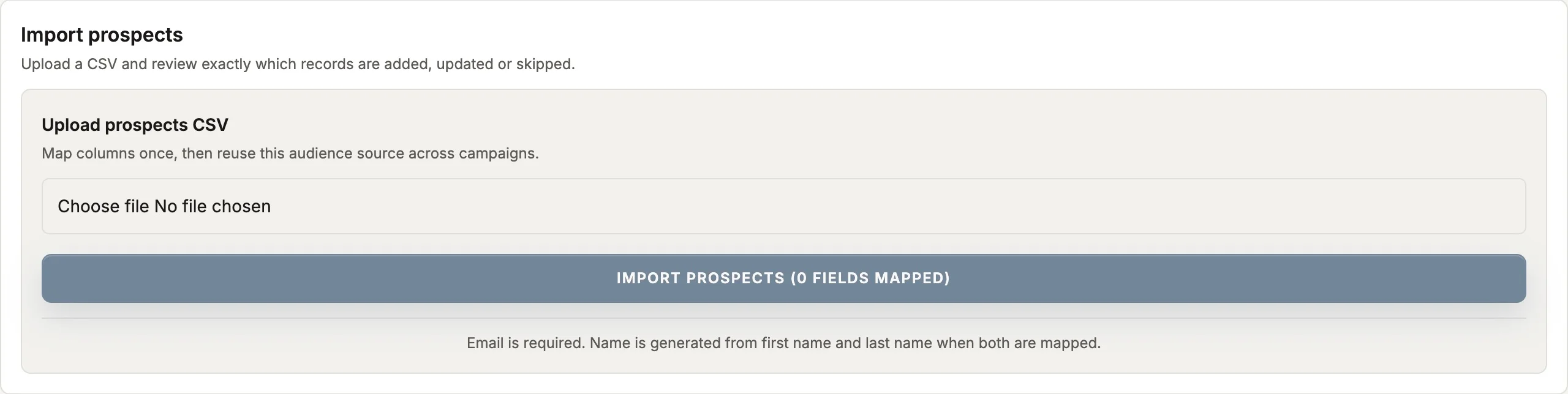 Reach CSV import panel with file selection and mapped field count