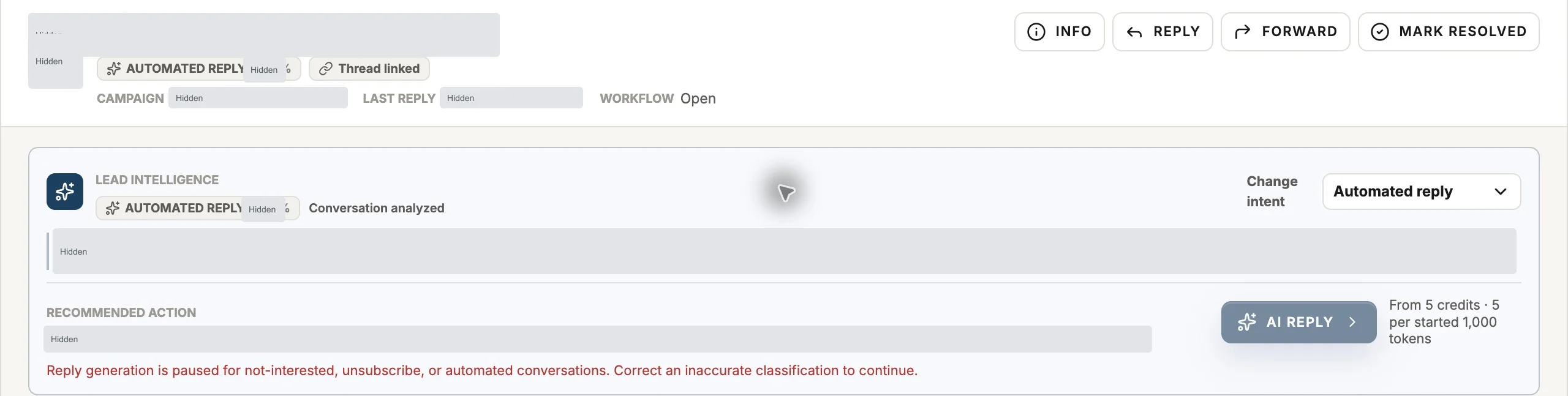 Reach conversation view with Info, Reply, Forward, Mark resolved and lead intent controls