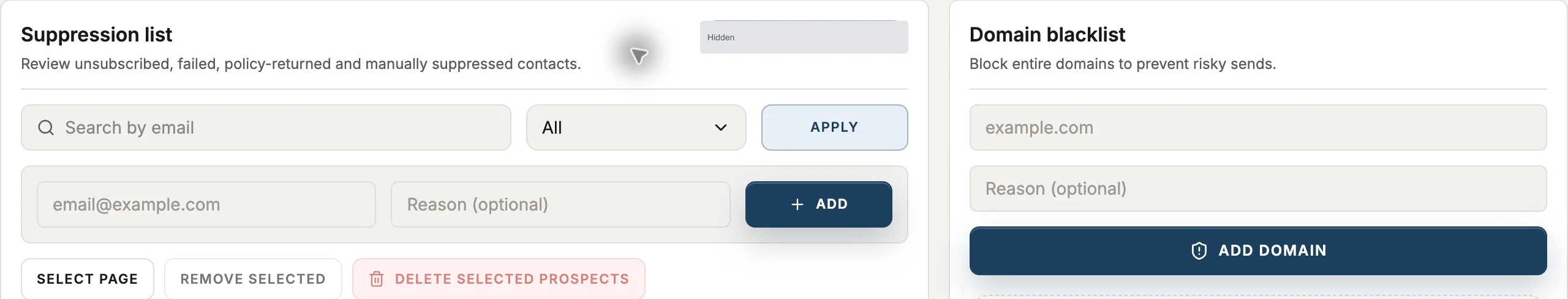 Reach Safety screen with suppression search, manual restriction fields and domain blacklist form