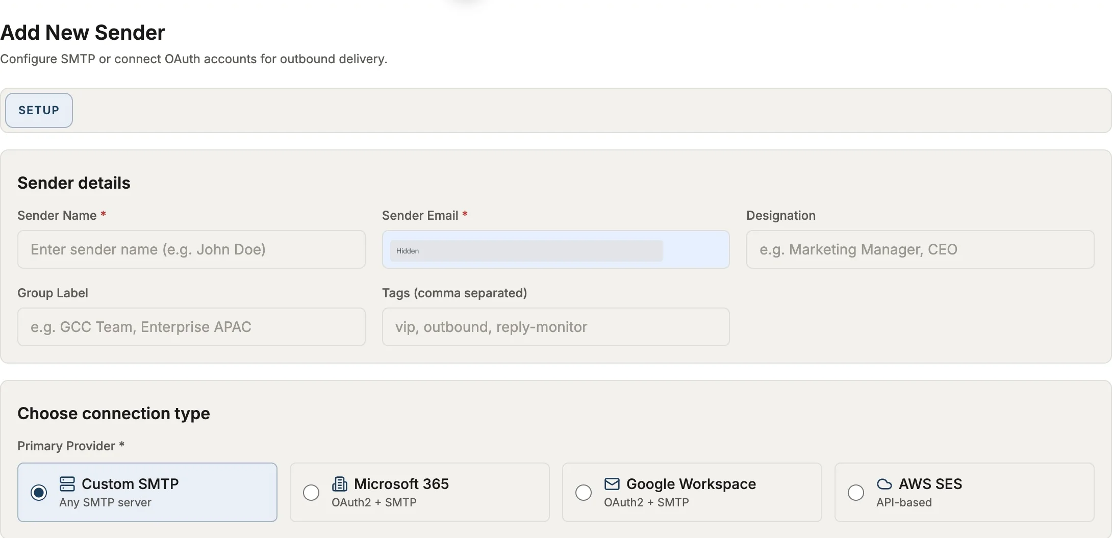 New Reach sender form showing identity fields and customer mailbox connection options