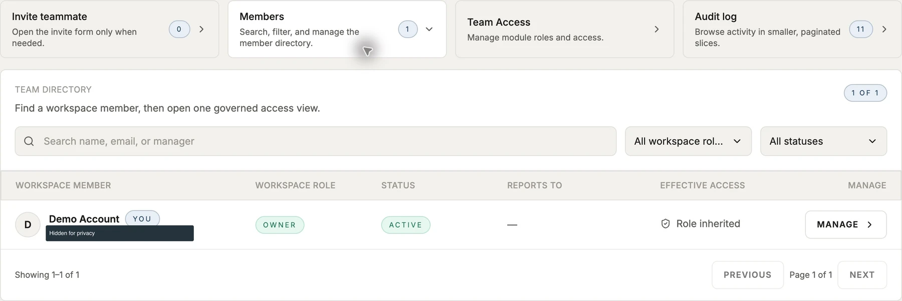 Members directory with status filtering and a row-level Manage action.
