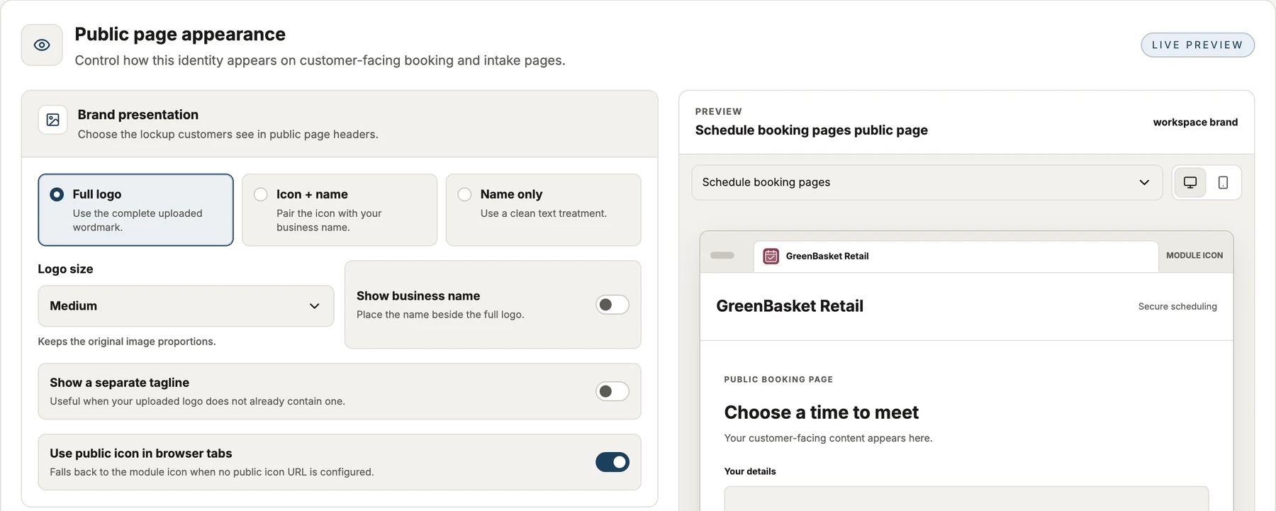 Public brand presentation controls beside the supported booking-page preview.